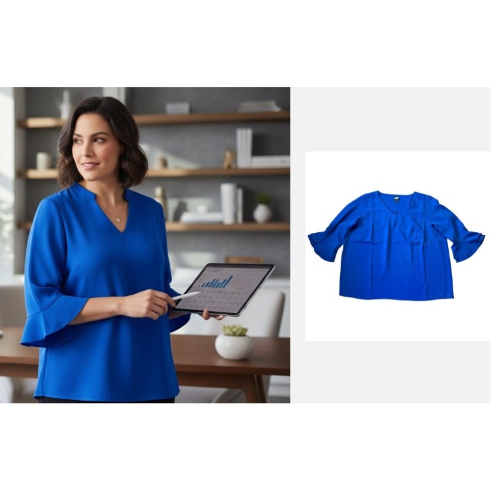 Lands' End Flowy Chiffon Blouse Size 18W Blue V-Neck Bell Sleeve Workwear